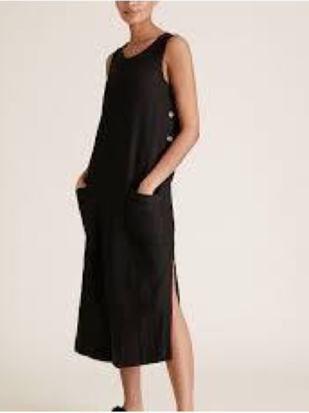 Picadilly Fashion Black Sleeveless Midi Dress with Side Slit and Pockets